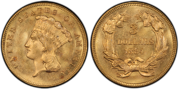1884 Three-Dollar Gold Piece. MS-66 (PCGS).